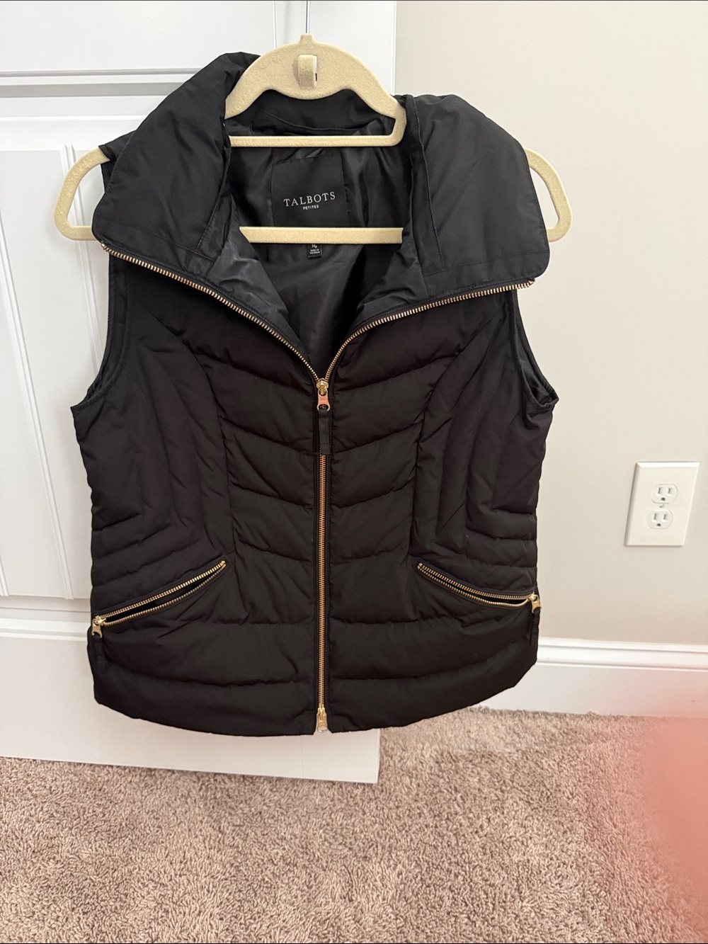 Talbots Black Quilted Puffer Vest with Gold Zippers and Hood